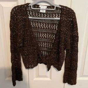 Women’s XL half sweater, ties mid-waist, long sleeve, brown w/bronze threading
